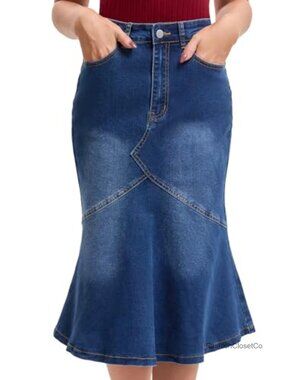 Washed Fishtail Midi Denim Skirt High Rise Slim Fit Flare Jean Skirt